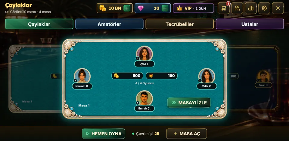 Bizim Okey lobisi: Çaylaklar, Amatörler, Tecrübeliler ve Ustalar odaları ile açık masalar